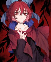  1girl black_shirt blonde_hair blue_bow bow cape closed_mouth collarbone expressionless highres looking_at_viewer medium_hair neon_(co2co8) red_background red_cape red_eyes red_hair red_skirt scar scar_on_neck sekibanki sekibanki_day shirt skirt solo touhou 