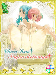  2girls :d akb0048 barefoot blue_eyes blue_hair bow card_(medium) character_name closed_mouth couch dress ebata_risa from_side gloves green_bow hair_bow heart indoors knees_up long_hair looking_at_viewer looking_to_the_side motomiya_nagisa multiple_girls non-web_source off-shoulder_dress off_shoulder official_art on_couch one_side_up open_mouth pink_hair red_eyes see-through_clothes see-through_gloves short_hair sitting sitting_sideways sleeveless sleeveless_dress smile sono_chieri sparkle star_(symbol) white_dress white_gloves 