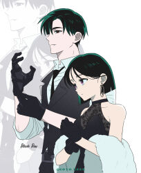  1boy 1girl alien_stage bare_shoulders black_dress black_eyes black_gloves black_hair dress earrings gloves goyo_bbbb highres ivan_(alien_stage) jewelry purple_eyes shirt short_hair sua_(alien_stage) white_shirt 