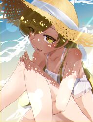 1girl absurdres bare_shoulders beach bikini blonde_hair blush_stickers bunoshii dappled_sunlight fang flat_chest frilled_bikini frills hat highres holding_legs knees_to_chest long_hair looking_at_viewer monogatari_(series) on_floor open_mouth oshino_shinobu outdoors sitting skin_fang solo spaghetti_strap straw_hat sun_hat sunlight swimsuit vampire yellow_eyes 