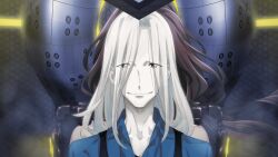  1boy black_eyes black_overalls blue_shirt brown_hair exoskeleton eyes_visible_through_hair fukuda_tomonori game_cg highres kimijima_kou long_hair mecha_interior non-web_source official_art open_collar overalls pale_skin robotics;notes science_adventure senomiya_misaki shirt 