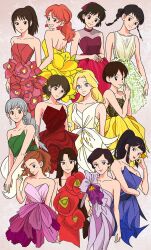  6+girls arrietty bare_shoulders blonde_hair blue_dress blue_eyes blunt_bangs braid braided_ponytail braided_twintails brown_hair clenched_teeth commentary_request dress earrings eboshi eyeshadow flower_dress fujisaki_chihiro gake_no_ue_no_ponyo gina_(kurenai_no_buta) grey_hair hand_on_own_hip highres howl_no_ugoku_shiro jewelry karigurashi_no_arrietty kiki_(majo_no_takkyuubin) kokurikozaka_kara komatsuzaki_umi kurenai_no_buta lin_(sen_to_chihiro_no_kamikakushi) looking_at_viewer looking_back majo_no_takkyuubin makeup marnie_(omoide_no_marnie) mimi_wo_sumaseba mononoke_hime multiple_girls off-shoulder_dress off_shoulder omoide_no_marnie orange_hair pink_dress ponyo ponytail purple_dress red_dress red_lips rikaco1988 san_(mononoke_hime) sen_to_chihiro_no_kamikakushi short_hair sidelocks single-shoulder_dress sleeveless sleeveless_dress smile sophie_hatter studio_ghibli teeth tsukishima_shizuku yellow_dress 