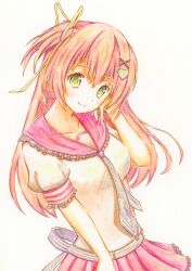  1girl absurdres blue_necktie closed_mouth collarbone colored_pencil_(medium) green_eyes hair_ornament hair_ribbon hand_up head_rest heart heart_hair_ornament highres hoshizora_e_kakaru_hashi iraren_san long_hair looking_at_viewer nakatsugawa_ui necktie one_side_up orange_hair pleated_skirt red_sailor_collar red_skirt ribbon sailor_collar shirt short_sleeves simple_background skirt solo summer_uniform traditional_media watercolor_pencil_(medium) white_background white_shirt x_hair_ornament yellow_ribbon 