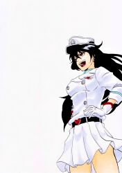  1girl :d alpen_no_koyari bambietta_basterbine black_hair bleach bleach:_sennen_kessen-hen breasts brooch commentary_request cowboy_shot eyelashes floating_hair gloves hair_between_eyes hands_on_own_hips hat heart heart_belt heart_brooch highres jacket jewelry kubo_tite_(style) large_breasts long_hair long_sleeves looking_ahead looking_to_the_side military military_hat military_uniform miniskirt nose open_mouth peaked_cap pleated_skirt red_eyes simple_background skirt smile solo standing teeth thighs upper_teeth_only v-shaped_eyebrows very_long_hair wandenreich_uniform white_background white_gloves white_hat white_jacket white_skirt 