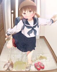  1girl 22m absurdres backpack bag black_bag black_neckerchief black_sailor_collar black_skirt blush brown_eyes brown_hair closed_mouth commentary_request commission embarrassed full_body highres huge_filesize indoors large_variant_set loli long_sleeves looking_at_viewer miniskirt neckerchief original pee pee_puddle peeing peeing_self red_shorts sailor_collar school_uniform serafuku shirt short_hair shorts shorts_under_skirt skeb_commission skirt solo standing standing_on_one_leg twintails variant_set white_shirt 