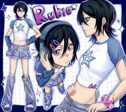  1girl alternate_costume black_hair bleach blue_arm_warmers blue_leg_warmers blue_shirt blue_skirt character_name commentary contemporary cropped_shirt from_side full_body hair_between_eyes hair_ornament hairclip hands_on_own_hips headphones highres kuchiki_rukia leg_warmers looking_at_viewer midriff multiple_views navel parted_lips pink_scrunchie profile purple_eyes raglan_sleeves scrunchie shirt shoes short_hair skirt smile sneakers two-tone_shirt uno_0a white_shirt white_shoes wrist_scrunchie 