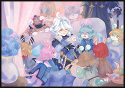  1boy 1other 6+girls ahoge ambiguous_gender artist_name baby blonde_hair blue_eyes blue_hair brown_eyes brown_hair cake cake_slice cane carrying carrying_baby carrying_person character_request couch curtains father_and_child flower food furina_(genshin_impact) furry furry_female genshin_impact gloves hair_between_eyes highres if_they_mated kejokaya macaron melusine_(genshin_impact) mother_and_child multicolored_hair multiple_girls neuvillette_(genshin_impact) on_couch pink_eyes plant potted_plant red_hair short_hair tail vision_(genshin_impact) white_hair 