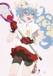  00s 1girl absurdres bike_shorts blue_hair bra cameltoe cross-shaped_pupils female_focus gloves highres lacrosse long_hair nia_teppelin nishigori_atsushi official_art ponytail scan skirt solo sweat symbol-shaped_pupils tengen_toppa_gurren_lagann underwear  rating:Sensitive score:29 user:danbooru