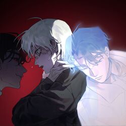  2boys alien_stage black_hair black_shirt closed_eyes commentary ghost hand_on_own_neck hashtag-only_commentary highres ivan_(alien_stage) leaning_on_person long_sleeves male_focus multiple_boys red_background red_pupils sharonmitsu shirt short_hair smile till_(alien_stage) very_short_hair white_hair white_shirt 