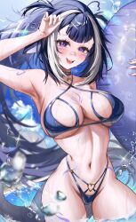  1girl absurdres bandaid bandaid_on_face bandaid_on_nose belt_collar bikini black_hair blue_bikini blue_nails body_markings breasts collar collarbone fushi_yohaku hand_up heart heart_o-ring highres holding holding_swim_ring indie_virtual_youtuber innertube large_breasts linea_alba multicolored_hair navel o-ring ocean open_mouth purple_eyes shylily shylily_(bikini) smile solo streaked_hair swim_ring swimsuit virtual_youtuber water white_hair 