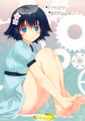  1girl :3 banana bare_legs barefoot black_hair blue_dress blue_eyes blue_skirt dorsiflexion dress feet feet_together female_focus female_masturbation flower food fruit hair_flower hair_ornament hands_on_feet highres looking_at_viewer masturbation mitsumi_misato no_panties pussy_juice scan shiina_mayuri short_hair sitting skirt smile soles solo steins;gate toes  rating:Explicit score:94 user:danbooru