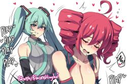  2girls ahoge aqua_eyes aqua_hair aqua_necktie bare_shoulders black_shirt blush breasts closed_eyes collarbone collared_shirt cropped detached_sleeves double-parted_bangs drill_hair drooling grin hair_between_eyes hatsune_miku heart highres hinghoi implied_futanari kasane_teto kasane_teto_(utau) large_breasts looking_at_viewer medium_breasts moaning mounting multiple_girls necktie open_clothes open_mouth open_shirt paid_reward_available plap red_hair saliva shirt sleeveless sleeveless_shirt smile speech_bubble twin_drills utau white_background wing_collar yuri 