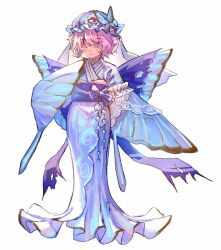  1girl beads belt blue_belt blue_bow blue_butterfly blue_hat blue_kimono blush bow bug butterfly butterfly_hat_ornament butterfly_wings closed_eyes closed_mouth frills full_body hair_between_eyes hand_up hat hat_ornament highres insect insect_wings japanese_clothes kimono long_sleeves mob_cap pink_hair saigyouji_yuyuko short_hair shouxishao_jiuyuan simple_background solo standing touhou triangular_headpiece white_background wide_sleeves wings 