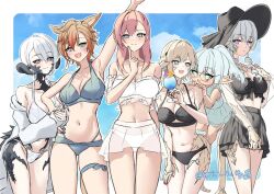  6+girls animal_ears aqua_one-piece_swimsuit au_ra bare_shoulders bikini bikini_skirt black_bikini black_eyes blonde_hair blue_bikini blue_eyes breasts brown_hair cat_ears cat_girl cat_tail cleavage cup dragon_girl dragon_horns dragon_tail drill_hair drill_sidelocks drinking_glass facial_mark final_fantasy final_fantasy_xiv green_eyes grey_eyes grey_hair hat heterochromia holding holding_cup horns hyur khr_39 lalafell miqo&#039;te multicolored_hair multiple_girls navel one-piece_swimsuit pointy_ears ponytail purple_eyes red_hair sarong scales short_hair sidelocks stomach streaked_hair sun_hat swimsuit tail twitter_username warrior_of_light_(ff14) whisker_markings white_bikini 