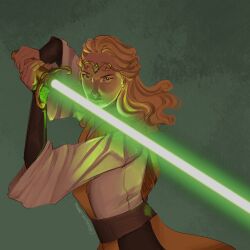  1girl avar_kriss blonde_hair brown_eyes circlet energy_sword green_lightsaber highres holding holding_sword holding_weapon lightsaber long_hair looking_at_viewer nataliab_draws solo star_wars star_wars:_the_high_republic sword upper_body weapon 