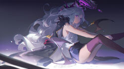 1girl absurdres adjusting_clothes adjusting_legwear ahoge ass bare_shoulders black_skirt black_wings blue_archive breasts center_frills closed_mouth coat demon_horns demon_wings expressionless floating_hair frills fur_coat fur_collar halo high-waist_skirt highres hina_(blue_archive) horns leg_up looking_at_viewer open_clothes open_coat parted_bangs purple_eyes purple_thighhighs shirt simple_background sitting skirt sleeveless sleeveless_shirt small_breasts solo thighhighs watermark weibo_watermark white_hair white_shirt wings yunouou10 rating:Sensitive score:14 user:danbooru
