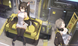  2girls absurdres ammunition_belt ammunition_box animal_ears bare_shoulders black_boots black_thighhighs blush boots box breasts brown_eyes brown_hair brown_jacket can cat_ears cat_girl chinese_commentary cleavage closed_eyes closed_mouth commentary_request commission dress drink_can expressionless from_above grey_hair gun hair_ornament half-skirt headphones headphones_around_neck henzer highres jacket knees_together_feet_apart large_breasts long_hair long_sleeves looking_at_viewer looking_up multicolored_jacket multiple_girls off_shoulder open_clothes open_jacket original pixiv_commission purple_hair rifle sitting skirt sleeveless sleeveless_dress sticky_note sweat thighhighs twintails two-sided_fabric two-sided_jacket two-tone_jacket very_long_hair weapon wet_floor_sign white_dress white_skirt x_hair_ornament yellow_jacket 
