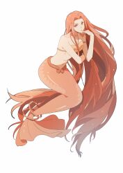  1girl absurdly_long_hair absurdres armlet bead_bracelet beads bikini bracelet choker closed_mouth commentary_request finger_to_mouth fins fish_tail forehead full_body hand_on_own_elbow highres jewelry light_frown lipstick long_hair looking_at_viewer makeup mermaid mermaid_melody_pichi_pichi_pitch monster_girl morgue_(southsakura) navel necklace orange_bikini orange_choker orange_eyes orange_hair orange_tail pink_lips ribs sara_(mermaid_melody_pichi_pichi_pitch) shell shell_bikini simple_background sitting skinny solo stomach strapless strapless_bikini swimsuit tail tail_ornament tail_ring thinking very_long_hair white_background 