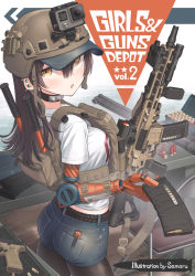  1girl assault_rifle brown_hair bullet choker commentary_request ear_piercing earrings english_text giving glock gloves gun handgun helmet highres holding holding_gun holding_weapon jewelry load_bearing_vest long_hair looking_at_viewer magazine_(weapon) object_in_pocket original pantyhose piercing pocket prosthesis prosthetic_arm qr_code rifle samaru_(seiga) shirt shorts shotgun shotgun_shell single_glove solo t-shirt weapon weapon_request yellow_eyes  rating:Sensitive score:18 user:danbooru