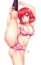  1girl black_socks blush bra breasts cameltoe cleavage detached_sleeves eyebrows_hidden_by_hair gluteal_fold hand_on_own_leg highres kneepits large_breasts looking_at_viewer love_live! medium_hair navel nishikino_maki open_mouth panties pink_bra pink_panties purple_eyes red_hair signature simple_background socks solo split standing standing_on_one_leg standing_split stomach sweat underwear white_background windart 