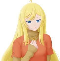  1girl absurdres ahoge blonde_hair blue_eyes commission commissioner_upload dress elf flat_chest hand_on_own_chest hand_up highres jewelry long_hair long_sleeves looking_at_viewer lotte_farona mole mole_under_eye necklace official_art orange_dress pointy_ears selinanovalight shirt short_sleeves sidelocks sleeves_past_wrists smile solo upper_body very_long_hair ways_of_darkness_(series) 