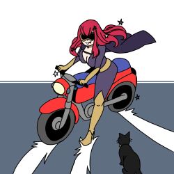  1girl 1other akira_slide belt black_cat bodysuit cat choker clothing_cutout facial_mark fire_emblem fire_emblem_engage gold_belt hair_ornament highres motor_vehicle motorcycle nintendo pink_choker purple_bodysuit red_hair side_cutout star_(symbol) star_facial_mark star_hair_ornament thanatoschanvt two-tone_cape yellow_belt yunaka_(fire_emblem) 