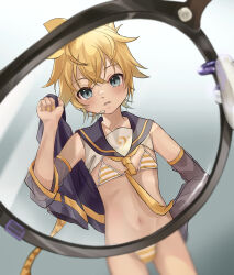  1boy absurdres bikini blonde_hair blue_hair glasses highres kagamine_len looking_at_viewer meme_attire micro_bikini miku_collar_bikini navel open_mouth pants pov sailor_collar shota solo stomach striped_bikini striped_clothes swimsuit syokorashimegi trap unworn_pants vocaloid 