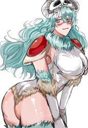  1girl armor arrancar ass bleach bleach:_sennen_kessen-hen breasts elbow_gloves facial_mark female_focus gloves green_eyes green_hair large_breasts leotard long_hair mask mask_on_head namahamumn nelliel_tu_odelschwanck official_alternate_costume shiny_skin shoulder_armor simple_background skull_on_head smile solo thighhighs white_background 