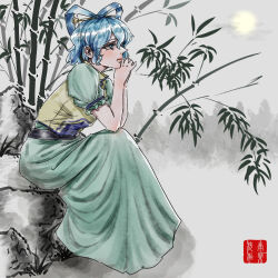  1girl aqua_dress aqua_vest bamboo black_sash blue_eyes blue_hair chileshi chisel commentary_request dress elbows_on_knees from_side full_body grey_background hair_ornament hair_rings head_on_hand ink_wash_painting kaku_seiga lips medium_hair profile puffy_short_sleeves puffy_sleeves rock sash short_sleeves solo touhou vest 