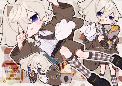  1boy absurdres artist_name belt black_belt black_necktie black_shoes blush braid brown_jacket brown_shorts brown_socks chibi chibi_inset collared_shirt commentary_request cream crepe cup eating food full_body grey_outline hair_between_eyes highres holding holding_crepe holding_cup holding_food jacket multiple_views necktie one_eye_closed open_clothes open_jacket original outline plaid_clothes plaid_socks purple_eyes rabbit seto_(setosan) shirt shoes shorts socks translation_request twitter_username watermark white_shirt 