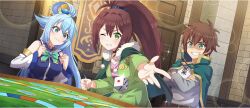  1boy 2girls aqua_(konosuba) belt black_belt black_choker blue_eyes blue_hair blue_shirt board_game bow bowtie brick_wall brown_hair cape choker clenched_hand clenched_hands clenched_teeth closed_mouth collar collarbone crossed_arms detached_sleeves dice evil_grin evil_smile fur-trimmed_cape fur_trim game_cg green_bow green_bowtie green_cape green_eyes green_jacket grin hair_belt hair_between_eyes hair_rings high_ponytail highres indoors jacket kono_subarashii_sekai_ni_shukufuku_wo! konosuba!_fantastic_days lean_(konosuba) long_hair long_sleeves looking_at_another multiple_girls official_art one_eye_closed outstretched_arm partially_unzipped pink_shirt playing_games ponytail satou_kazuma shaded_face shirt short_hair sidelocks single_hair_ring sleeveless sleeveless_shirt smile sparkle striped_clothes striped_shirt sweatdrop table teeth v-shaped_eyebrows wavy_mouth white_collar white_shirt white_sleeves wispy_bangs 
