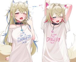  2girls :3 :d absurdres alternate_costume animal_collar animal_ear_fluff animal_ears arm_behind_head arms_up black_collar blonde_hair blue_eyes blue_hair breasts clothes_writing collar commentary crossed_bangs dog_ears dog_girl dog_tail double-parted_bangs drooling english_commentary english_text fang fuwawa_abyssgard hair_between_eyes half-closed_eye hand_up highres hololive hololive_english large_breasts long_hair long_shirt looking_at_viewer messy_hair migokami mococo_abyssgard mouth_drool multicolored_hair multiple_girls naked_shirt one_eye_closed open_mouth pink_brooch pink_eyes pink_hair see-through_silhouette shirt short_hair siblings simple_background single_off_shoulder sisters skin_fang small_breasts smile spiked_collar spikes streaked_hair stretching t-shirt tail text_print thighs twins two_side_up very_long_hair virtual_youtuber waking_up white_background white_shirt yawning zzz 