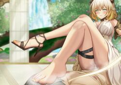  1boy 1girl absurdres aglaea_(honkai:_star_rail) barefoot blonde_hair blush caelus_(honkai:_star_rail) clothed_female_nude_male crossed_legs cum cum_in_pussy denokoto dress ejaculation feet foot_on_another&#039;s_face highres honkai:_star_rail honkai_(series) medium_hair multicolored_eyes no_panties nude parted_lips sex shoes single_shoe sitting sitting_on_person steam toes trailblazer_(honkai:_star_rail) vaginal  rating:Explicit score:36 user:ssfl
