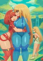  3girls blonde_hair blue_bodysuit blue_eyes blush bodysuit breasts closed_eyes cloud company_connection crossover dress earrings flower gloves grass hand_on_own_hip headpiece heart jewelry large_breasts leotard long_hair looking_at_another metroid multiple_girls mythra_(xenoblade) nintendo open_mouth pyra_(xenoblade) red_gloves red_hair red_leotard red_shorts red_thighhighs rock samus_aran shoes short_hair shorts sky sleeveless sleeveless_dress smile sparkle standing thick_thighs thigh_strap thighhighs thighs tony_welt tree water waterfall white_dress white_gloves white_shoes wide_hips wristband xenoblade_chronicles_(series) xenoblade_chronicles_2 yellow_eyes yuri zero_suit 