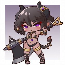 1girl absurdres animal_ears axe bare_shoulders bikini black_bikini black_hair black_sandals blush chibi closed_mouth commentary_request cow_ears cow_girl cow_horns cow_tail dark-skinned_female dark_skin ear_piercing full_body hair_between_eyes hand_on_own_hip highres holding holding_axe holding_behind_back holding_weapon_behind_back horns navel original personification piercing purple_eyes saishosaisekojo sandals solo standing swimsuit tail tail_ornament tail_ring taurus_(zodiac) zodiac 