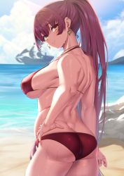 1girl ass back bad_id bad_pixiv_id beach bikini blush breasts butt_crack closed_mouth cowboy_shot earrings from_behind hand_on_own_hip heart heart_earrings heterochromia highres hololive houshou_marine houshou_marine_(summer) jewelry large_breasts looking_at_viewer looking_back moisture_(chichi) muscular muscular_female necklace ocean outdoors pirate_ship ponytail red_bikini red_eyes red_hair smile swimsuit thighs virtual_youtuber water wet yellow_eyes rating:Sensitive score:43 user:danbooru