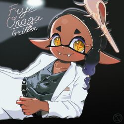  1girl absurdres album_cover album_cover_redraw belt black_hair blush character_name collarbone cosplay cover dark-skinned_female dark_skin derivative_work english_text fangs frye_(splatoon) highres inkling jacket looking_at_viewer lying michael_jackson michael_jackson_(cosplay) nintendo notgrease on_side pointy_ears seashell shell shell_hair_ornament smile solo splatoon_(series) splatoon_3 tentacle_hair thriller_(michael_jackson) yellow_eyes 