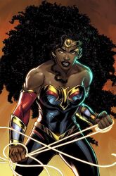  1girl bare_shoulders black_hair black_pants bracer breasts circlet clenched_hands dark-skinned_female dark_persona dark_skin dc_comics emilio_lopez holding_lasso kinky_hair lasso lasso_of_truth long_hair looking_at_viewer nubia_(dc) pants shirt small_breasts solo strapless strapless_shirt wonder_woman_(series) 