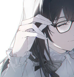  1girl arknights bespectacled black-framed_eyewear black_bow bow brown_hair cheonyeon-hi chromatic_aberration close-up closed_eyes commentary english_commentary glasses highres light_smile long_hair long_sleeves priestess_(arknights) shirt simple_background solo upper_body white_background white_shirt 