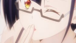  1girl animated black_bra blowing_kiss bra breasts cleavage clothes_pull formal_clothes glasses heart high_heels highres large_breasts looking_at_viewer nias_carlin office_lady one_eye_closed open_mouth orange_eyes ore_wa_seikan_kokka_no_akutoku_ryoushu! pink_lips purple_hair short_hair skirt solo tagme tongue underwear video wink 