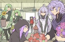  1other 2boys 4girls apron bent_over black_hair black_hood black_pants black_skirt black_thighhighs closed_eyes commentary_request dress dual_persona enkidu_(fate) fate/grand_order fate/stay_night fate_(series) flower flower_pot flower_shop gloves green_apron green_eyes green_hair hair_flower hair_ornament hands_on_own_knees holding holding_flower_pot kingu_(fate) long_hair low-tied_long_hair matou_sakura medusa_(fate) medusa_(lancer)_(fate) merlin_(camelot_&amp;_co)_(fate) merlin_(fate) merlin_(fate/prototype) miniskirt multiple_boys multiple_girls open_mouth pants partially_fingerless_gloves pleated_skirt purple_eyes purple_hair purple_scarf rider rose scarf shop skirt smile thighhighs tohsaka_rin very_long_hair white_apron white_dress yoyo_9ea zettai_ryouiki 