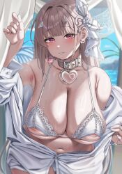  1girl areola_slip armpit_crease armpits belt belt_collar bikini blue_sky blush breasts brown_hair choker cleavage clothes_lift collar collarbone day fingernails goddess_of_victory:_nikke hair_ornament hair_ribbon hammock hand_up heart heart_collar highres horns huge_breasts lace lace-trimmed_bikini lace-trimmed_ribbon lace_trim large_areolae lifting_own_clothes long_fingernails long_hair long_sleeves looking_at_viewer moisture_(chichi) nail_polish navel palm_tree parted_lips pink_eyes pink_lips plaid_ribbon revision ribbon shirt shirt_lift skindentation sky smile solo stomach sweat swimsuit thighs tree viper_(nikke) viper_(shine_of_love)_(nikke) white_belt white_bikini white_choker white_collar white_horns white_nails white_ribbon white_shirt 
