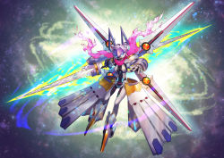  artoria_pendragon_(fate) commentary_request fate/grand_order fate_(series) flying glowing glowing_eyes highres mecha mecha_musume mecha_on_girl mechabare mechanical_arms mechanical_boots mechanical_legs mechanical_skirt mechanical_wings mysterious_heroine_xx_(fate) mysterious_heroine_xx_(first_ascension)_(fate) nakamura_eight pink_scarf pointy_footwear rhongomyniad_(fate) robot scarf single_mechanical_arm solo twinmyniad_(fate) weapon wings 