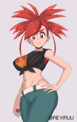  1girl absurdres belt black_shirt breasts brown_eyes closed_mouth commentary english_commentary eyelashes flannery_(pokemon) green_pants grey_background hand_on_own_hip highres holding holding_poke_ball looking_down navel nintendo paid_reward_available pants poke_ball poke_ball_(basic) pokemon pokemon_oras red_hair reviruu shirt simple_background sleeveless sleeveless_shirt solo split_ponytail stomach tied_shirt twitter_username white_belt 