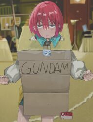  1girl :&lt; absurdres amate_yuzuriha aqua_eyes blurry blurry_background box cardboard_box cardboard_box_gundam clenched_hands cowboy_shot frown gundam gundam_gquuuuuux highres id_card indoors jitome long_sleeves looking_at_viewer naaga_sonomono photo-referenced red_hair short_hair solo sweater thighs v-shaped_eyebrows 