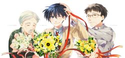  00s 3boys blue_eyes blue_hair bouquet brown_hair clannad family father_and_son flower glasses grandfather_and_grandson grey_hair highres koumura_toshio male_focus multiple_boys okazaki_naoyuki okazaki_tomoya one_eye_closed ribbon school_uniform short_hair takumi_(scya) wink 