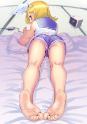 1girl ass bare_shoulders barefoot blonde_hair blue_eyes blush bow clock feet female_focus foot_focus hair_bow handheld_game_console highres kagamine_rin kneepits legs looking_back lying on_stomach panties panty_peek ribbon sailor_collar short_hair shorts soles solo soon_(c-u-soon) tattoo toe_scrunch toes underwear upshorts vocaloid white_panties rating:Sensitive score:160 user:danbooru
