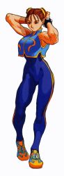  1990s_(style) 1girl absurdres adjusting_hair alternate_costume armpits arms_behind_head arms_up bare_shoulders bengus bracelet brown_eyes brown_hair capcom chinese_clothes chun-li cropped_jacket double_bun female_focus hair_bun hair_ribbon highres jewelry marvel_vs._capcom muscular official_art retro_artstyle ribbon shoes short_hair simple_background sneakers solo street_fighter street_fighter_zero_(series) studded_bracelet unitard white_background x-men_vs._street_fighter x-men_vs_street_fighter 