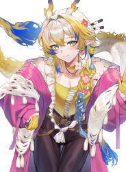  1girl absurdres arknights bare_shoulders belt black_pants braid braided_ponytail coat collarbone commentary cowboy_shot dragon_girl dragon_horns dragon_tail english_commentary gradient_hair hair_over_shoulder highres horns long_hair molyb multicolored_hair pants pointy_ears shu_(arknights) simple_background smile solo standing strapless tail very_long_hair white_background 