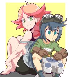  10s 2girls amanda_o&#039;neill back-to-back barefoot black_shorts border bow brown_gloves constanze_amalie_von_braunschbank-albrechtsberger e=mc2 equation feet gloves goggles goggles_on_head green_eyes hair_bow little_witch_academia looking_at_viewer looking_back multicolored_hair multiple_girls no_pupils off_shoulder orange_hair outside_border ponytail robot screw screwdriver shorts simple_background sitting tagme tank_top tools two-tone_hair white_border yellow_background 